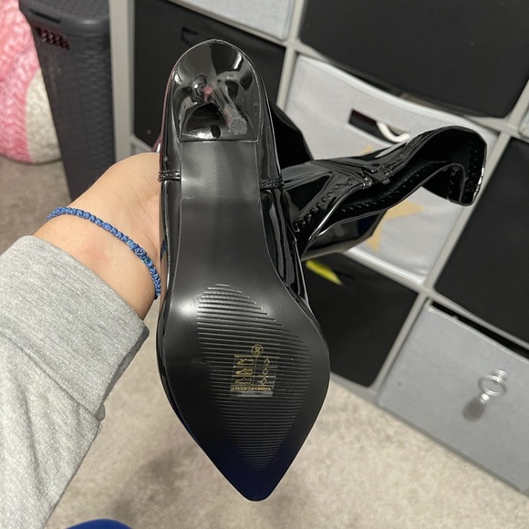 Pleaser Pointy Toe Thigh High Boots- Faux Patent Leather - Picture 4 of 7